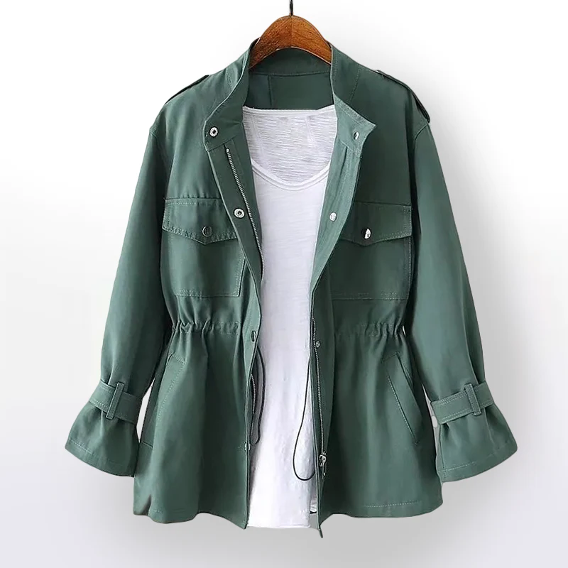Women's tailored utility jacket with adjustable drawstring waist and multiple functional pockets