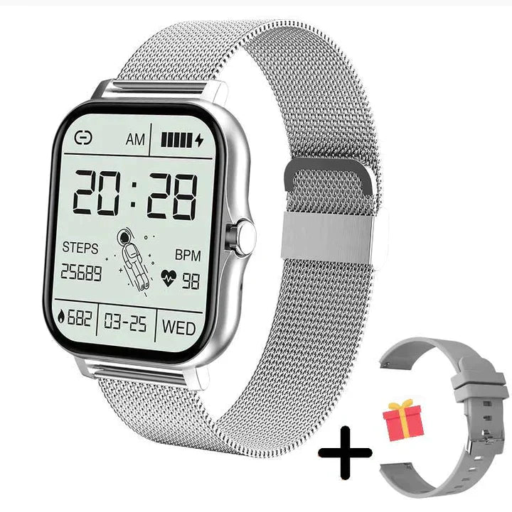 Minimalist gold mesh band smartwatch with sleek contemporary design and smart wellness tracking features
