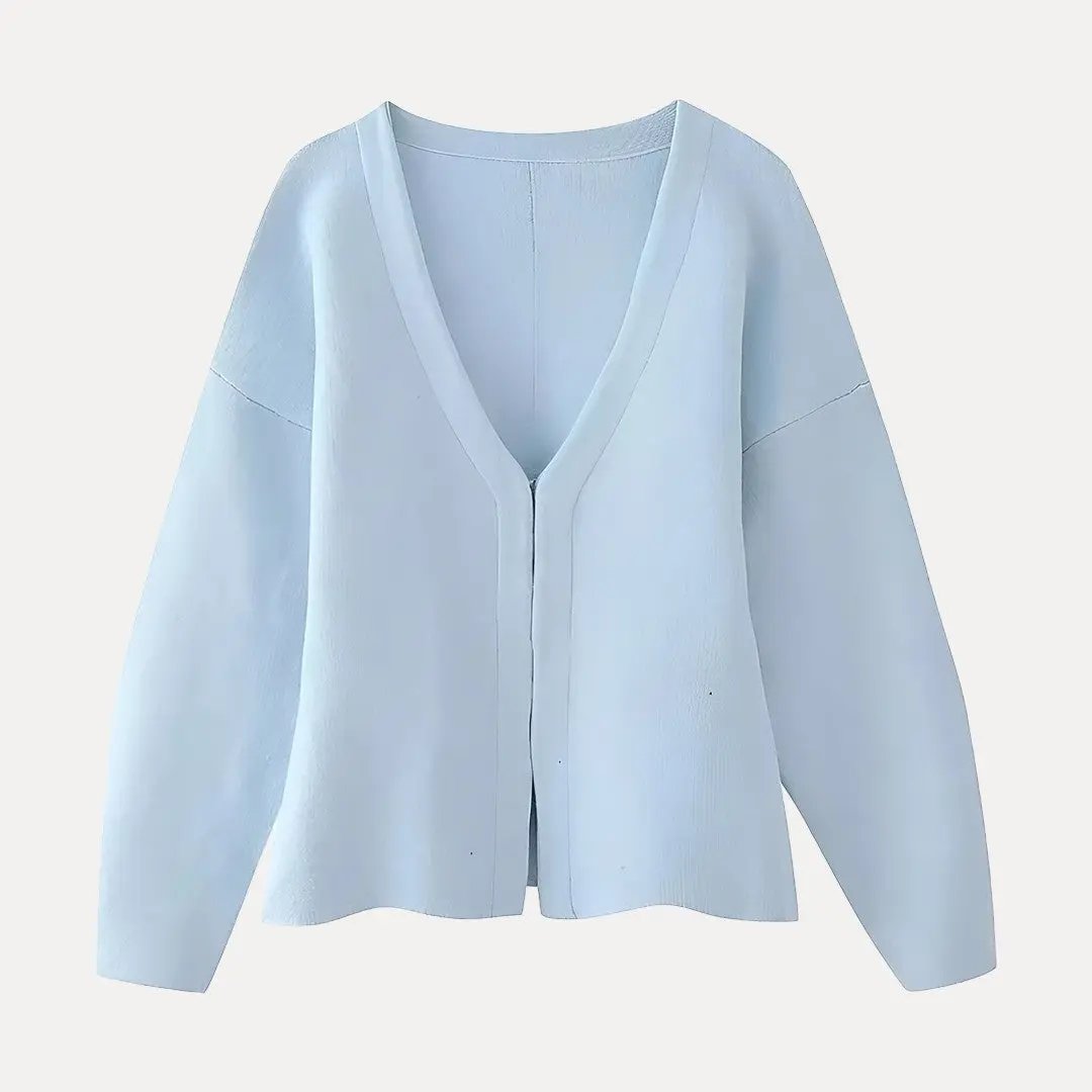 Women's soft lightweight knit V-neck cardigan with front hook closures, refined layering piece