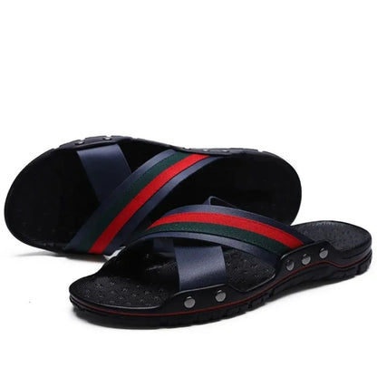 Men's Marcellus cross-strap slides red green stripe luxury ergonomic breathable footbed streetwear