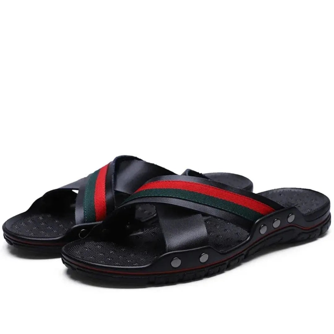 Men's Marcellus cross-strap slides red green stripe luxury ergonomic breathable footbed streetwear