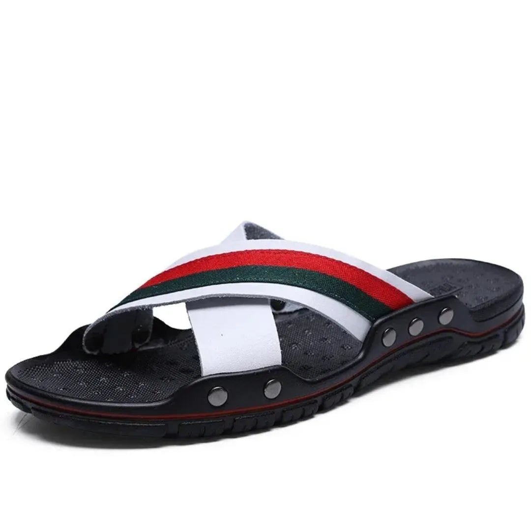 Men's Marcellus cross-strap slides red green stripe luxury ergonomic breathable footbed streetwear