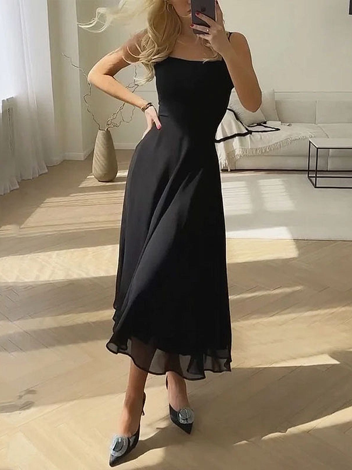 Women's ivory square neck A-line midi dress with flowing skirt, perfect for summer weddings