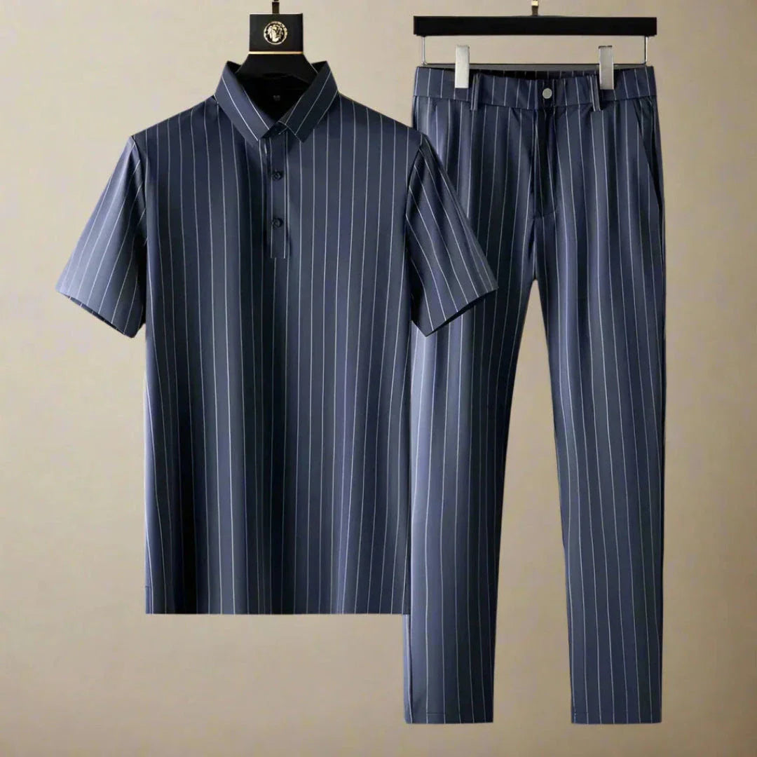Men's white pinstripe polo shirt and slim fit pants set, smart casual two-piece matching outfit