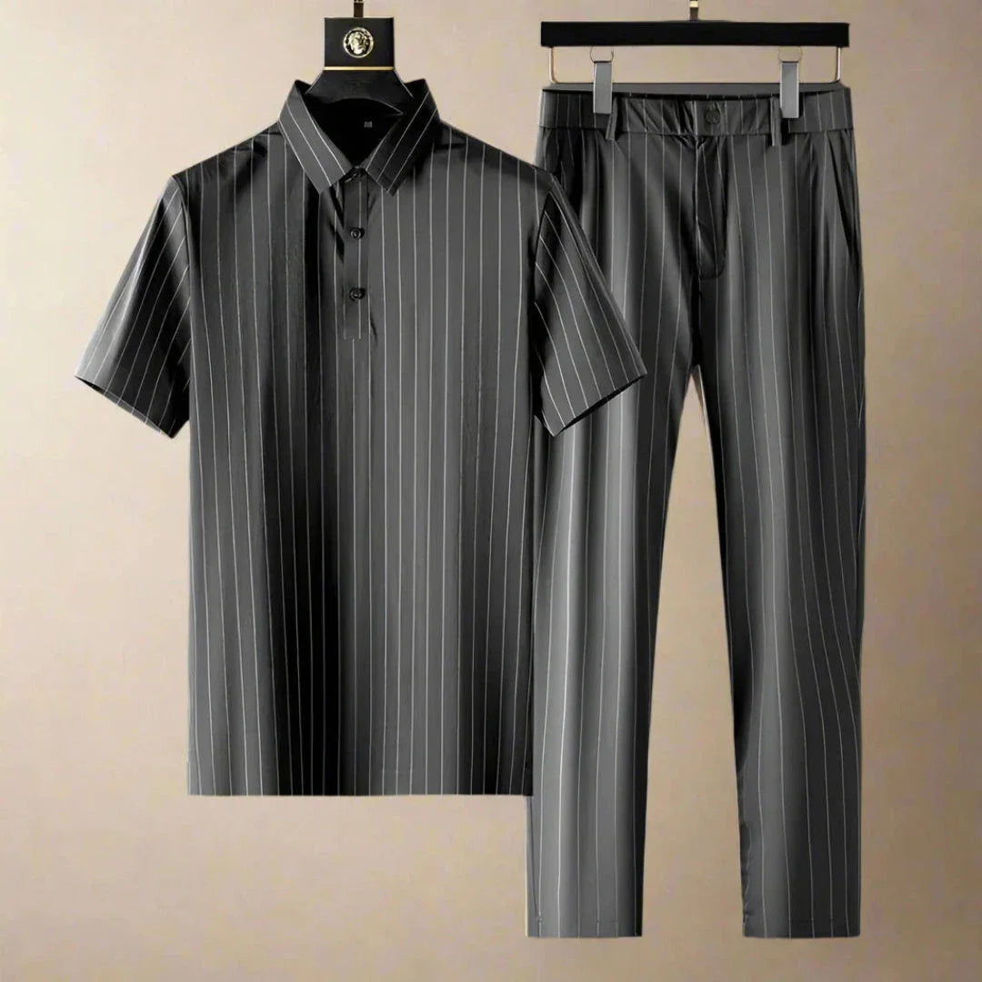 Men's navy pinstripe polo shirt and slim fit pants matching set smart casual two-piece