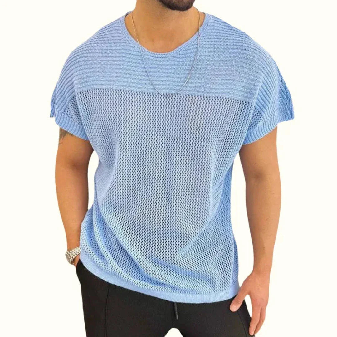 Marco Wavlynn knit mesh short sleeve tee with ribbed upper panel, lightweight breathable summer top