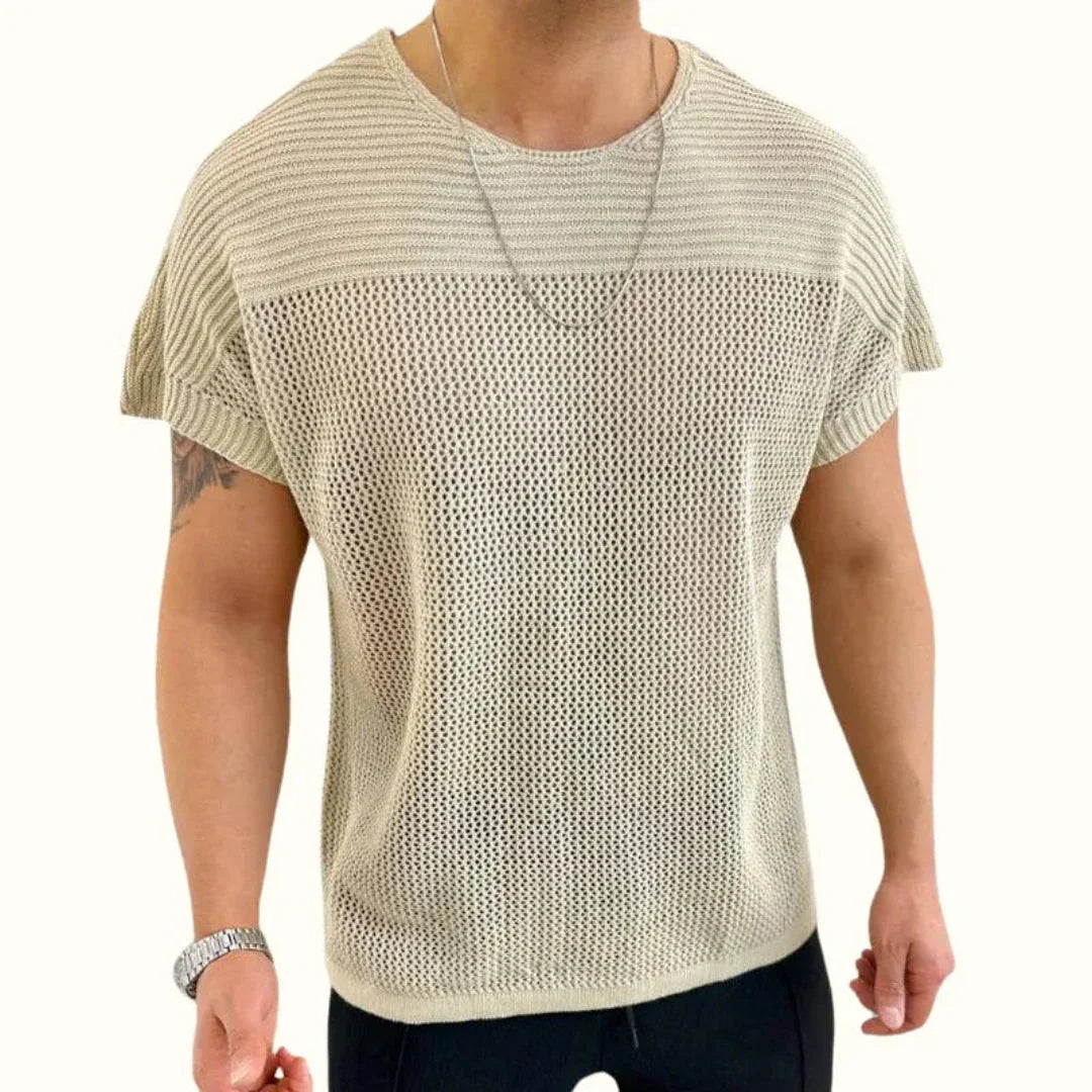 Marco white knit mesh short sleeve tee with ribbed upper panel, breathable summer casual fit