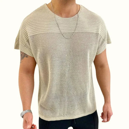 Marco white knit mesh short sleeve tee with ribbed upper panel, breathable summer casual fit