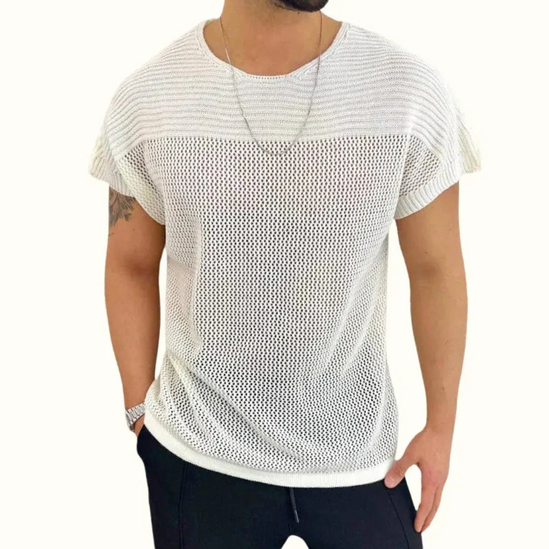 Marco white knit mesh short sleeve tee ribbed upper panel breathable lightweight summer top