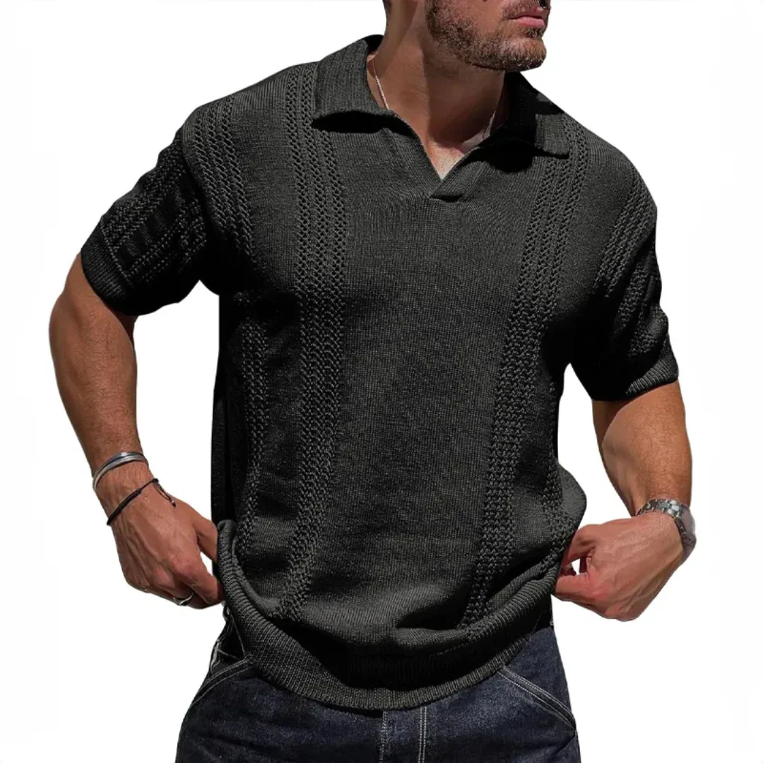 Men's vintage-inspired textured knit polo shirt in Milanese open collar breathable organic cotton structured fit