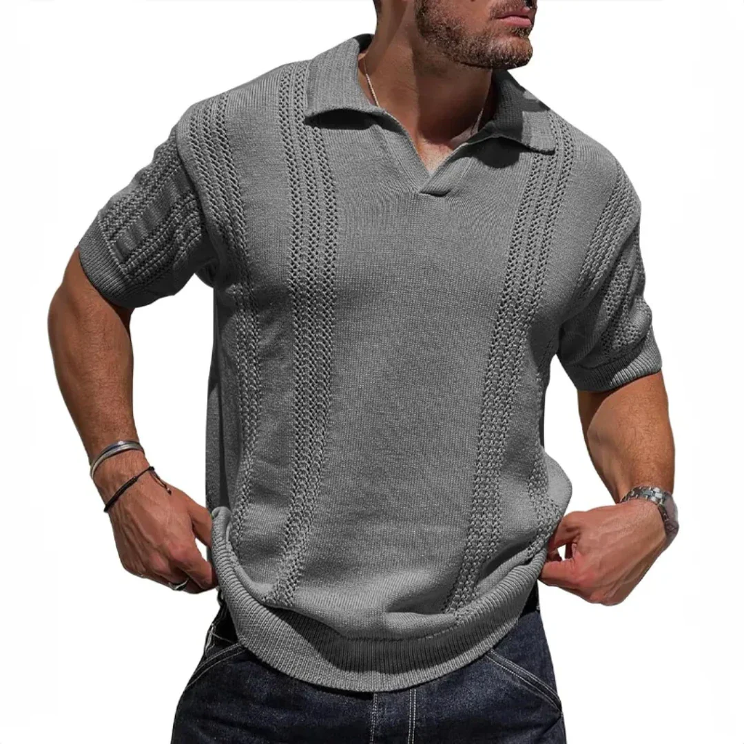 Men's vintage-inspired textured knit polo shirt open collar breathable organic cotton structured fit