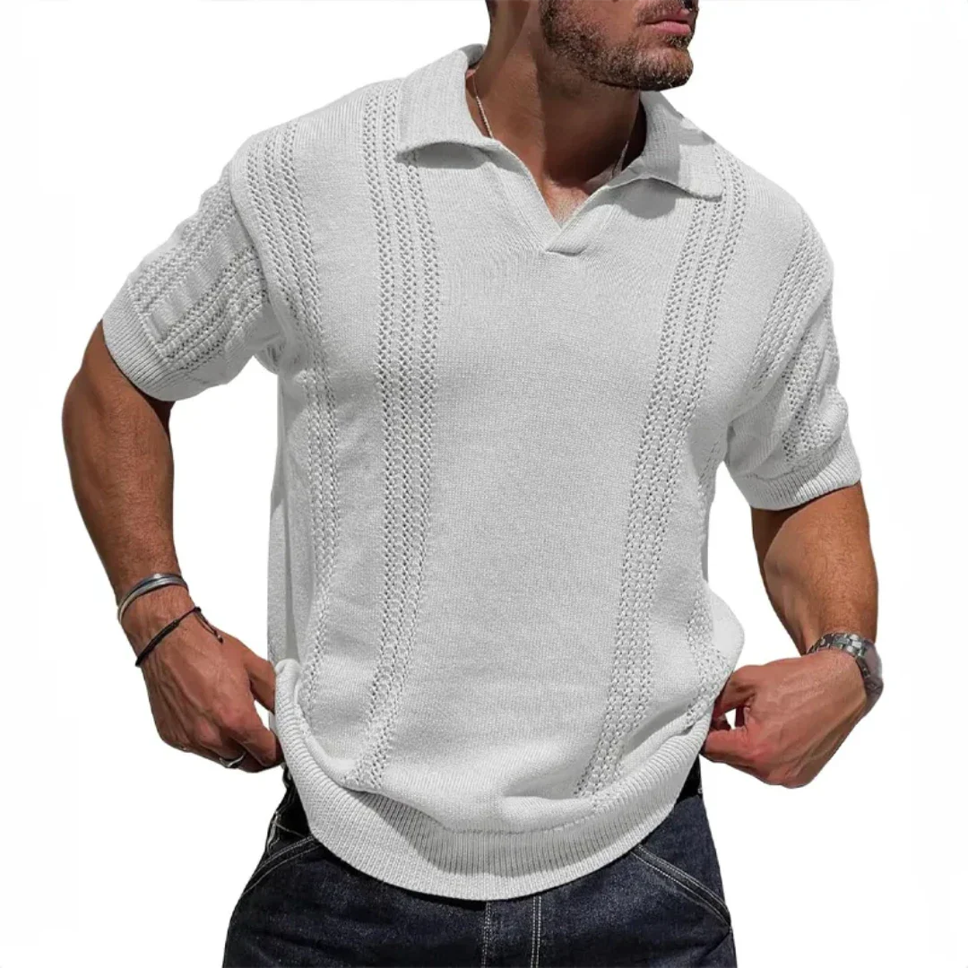 Men's vintage-inspired textured knit polo shirt in Milanese open collar breathable organic cotton fit