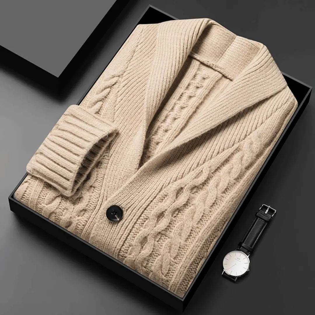 Marcus Reverie brushed jacquard knit cardigan with shawl collar in soft neutral tones, luxurious plush texture