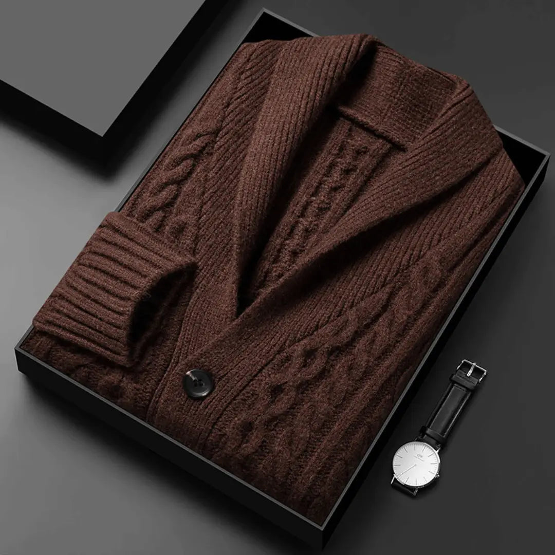 Men's ivory brushed jacquard knit cardigan with shawl collar, soft plush texture, relaxed fit