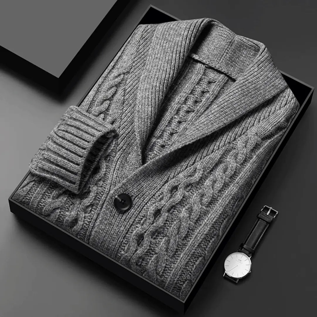 Men's brushed jacquard knit cardigan with shawl collar, plush soft-touch texture, neutral tone layering piece