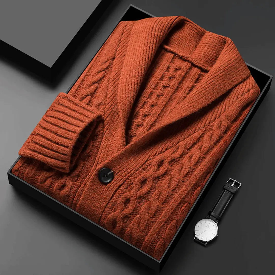 Marcus Reverie brushed jacquard knit cardigan in neutral tone with shawl collar and ultra-soft plush texture