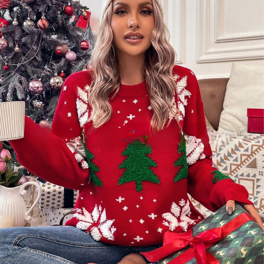 Women's loose fit knit sweatshirt round neck long sleeve with snowflake tree design