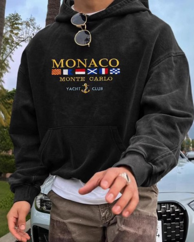 Men's oversized gray hoodie sweatshirt relaxed fit soft knit embroidered nautical graphic Wavlynn