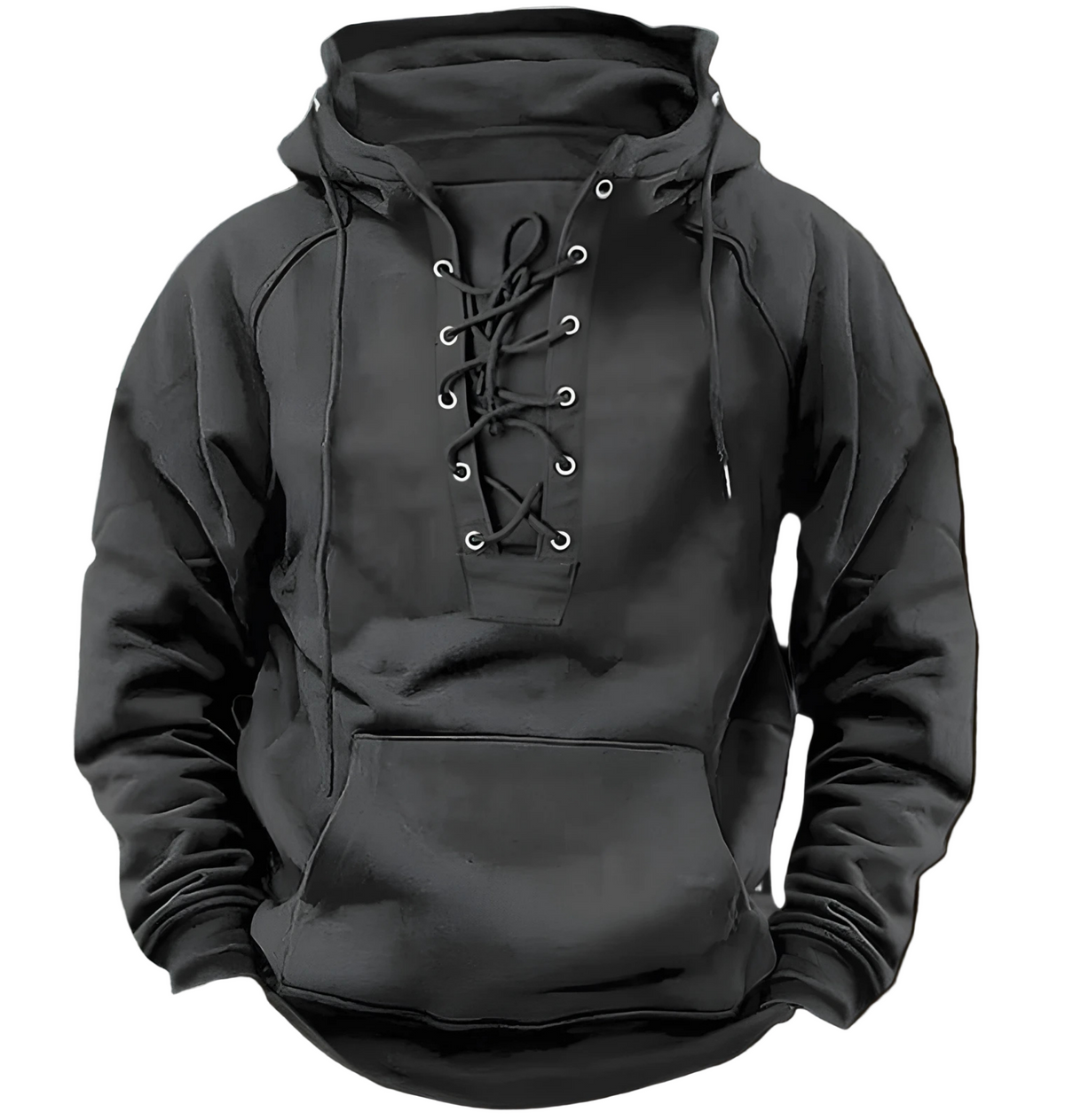 Men's relaxed fit knit hoodie with lace-up front and metal eyelets for street-ready layering