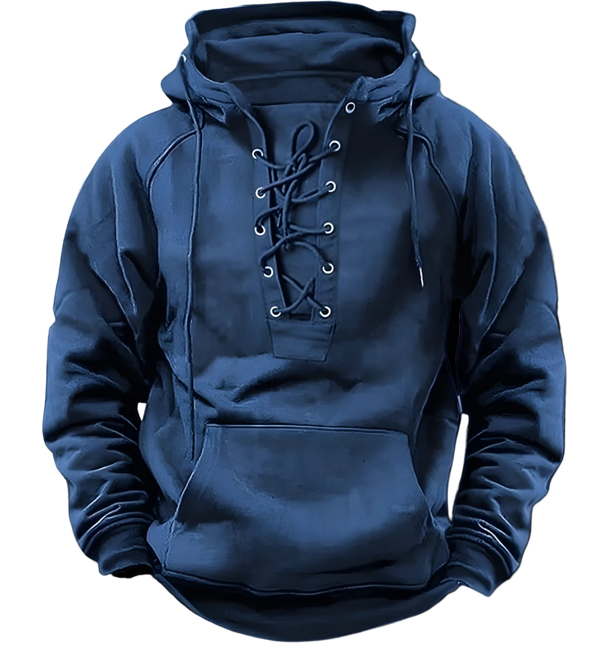 Men's relaxed-fit knit hoodie with lace-up front metal eyelets, street-style casual layering piece