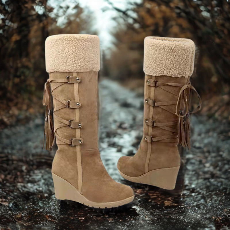 Women's taupe suede-look mid-calf wedge boots with faux fur cuff and tassel detail