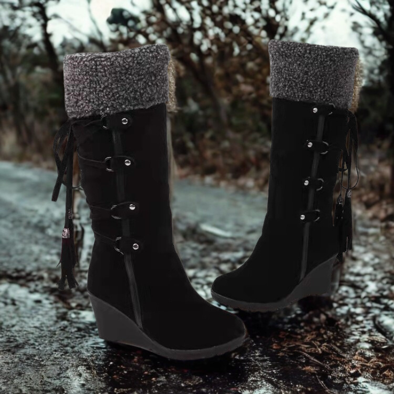 Women's taupe suede-look mid-calf boots with wedge heel, faux fur cuff, and tassel detail