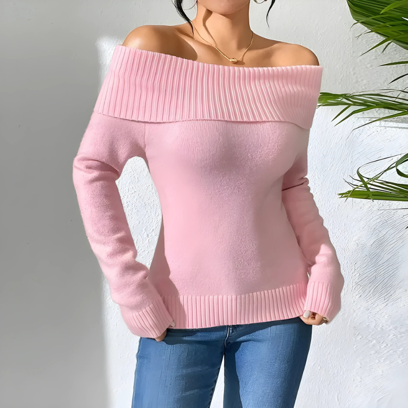 Women's off-shoulder slim fit ribbed neckline sweatshirt in soft knitwear, casual chic everyday style