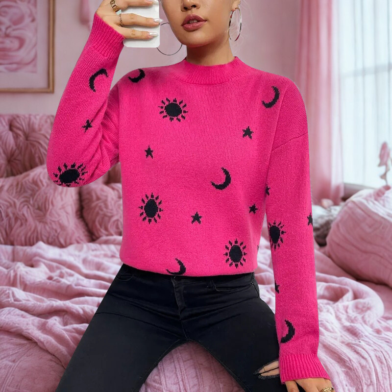 Women's relaxed fit pullover sweatshirt jacquard knit mushroom print round neck long sleeve