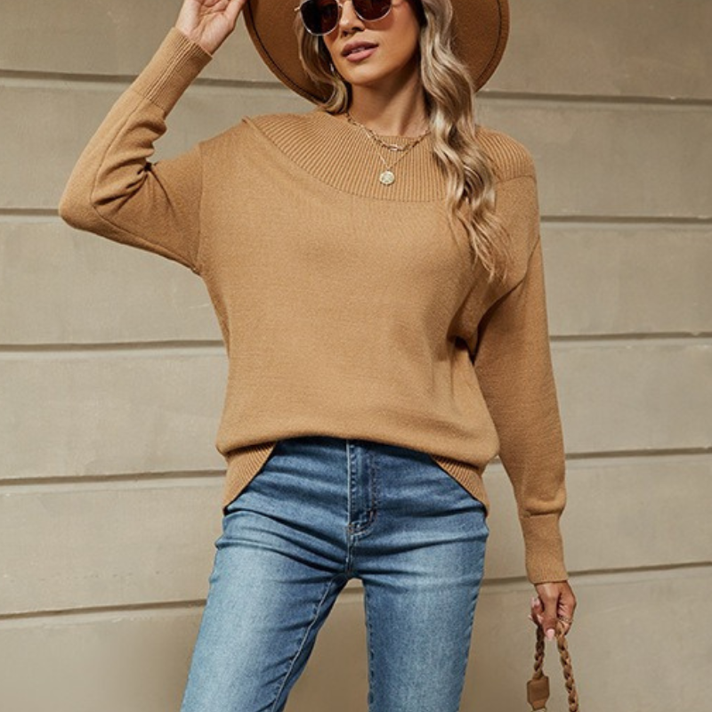 Women's loose fit ribbed boat neck knit pullover sweatshirt in cozy versatile long sleeve style