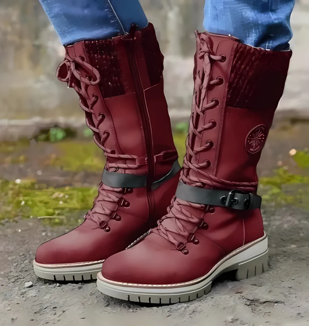 Women's mid-calf lace-up boots with chunky lug sole and textured knit cuff detail