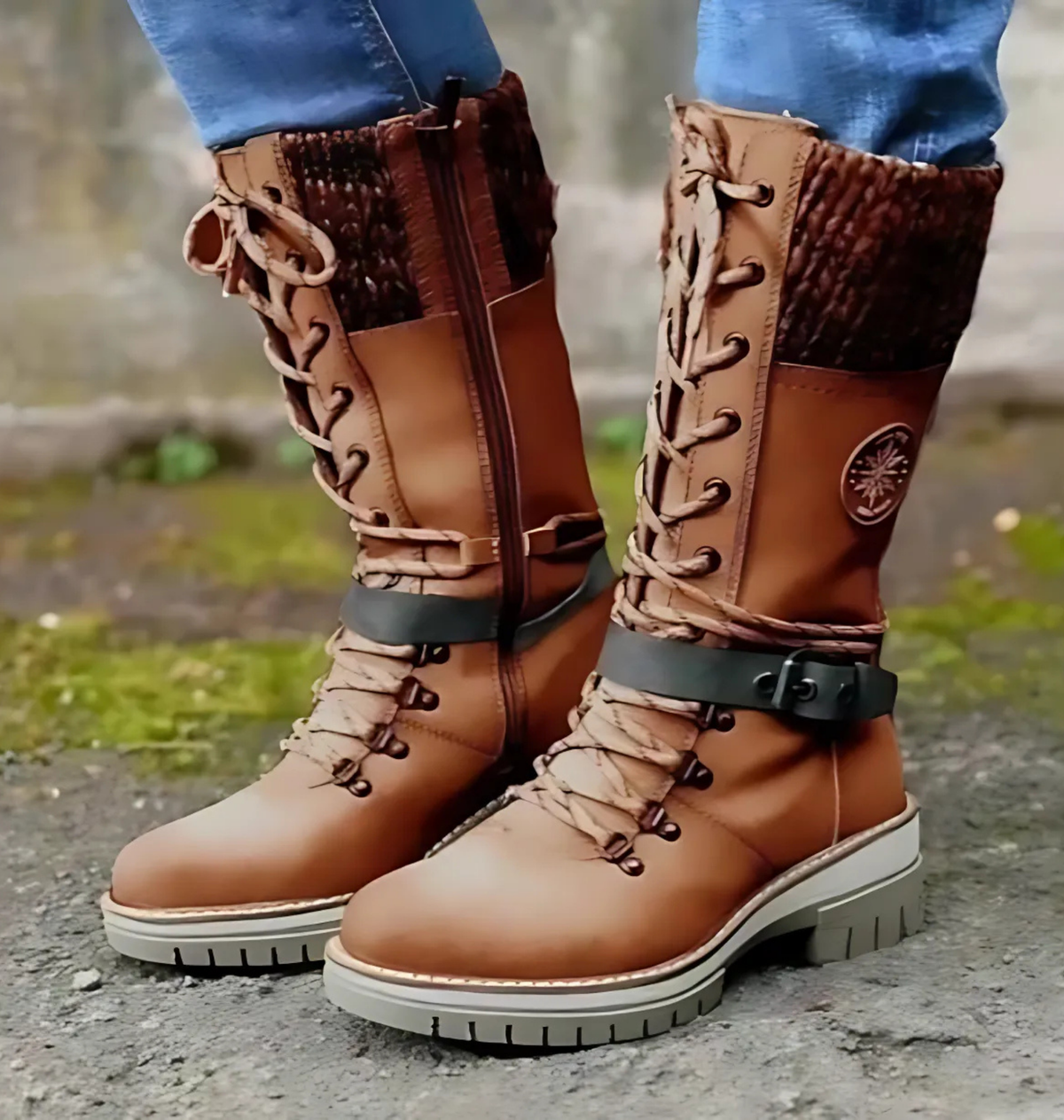 Women's mid-calf lace-up boots with chunky lug sole and textured knit cuff for winter wear