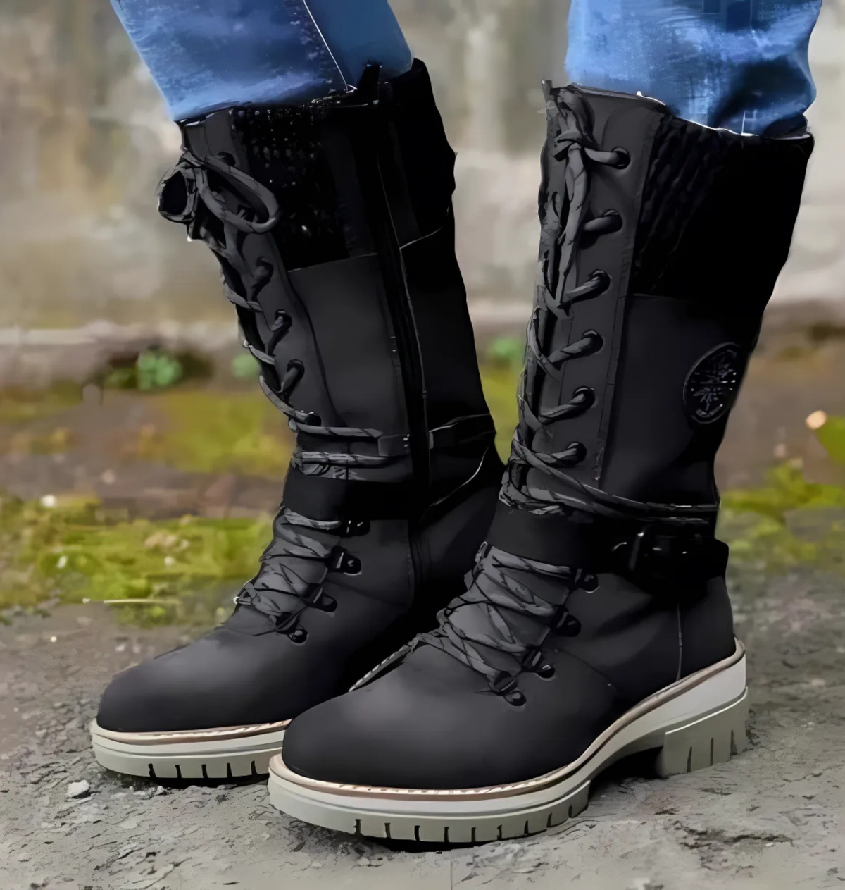 Women's mid-calf lace-up boots with chunky lug sole and textured knit cuff detail