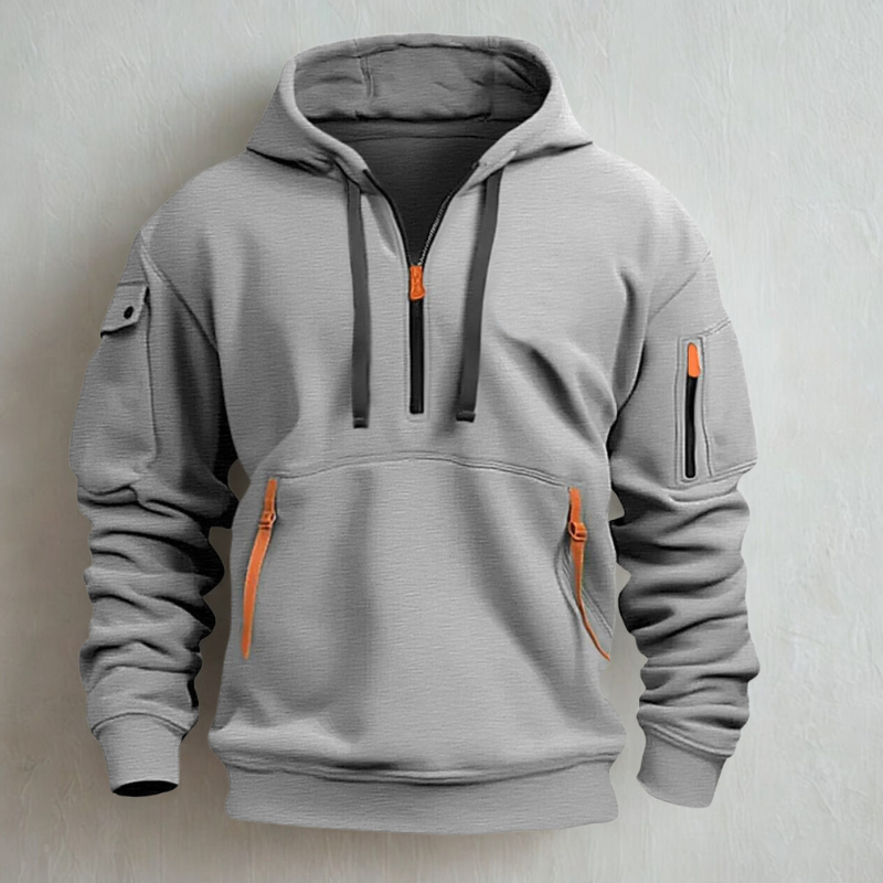 Men's knit quarter-zip hoodie with neon zip pockets, hooded pullover in casual versatile style