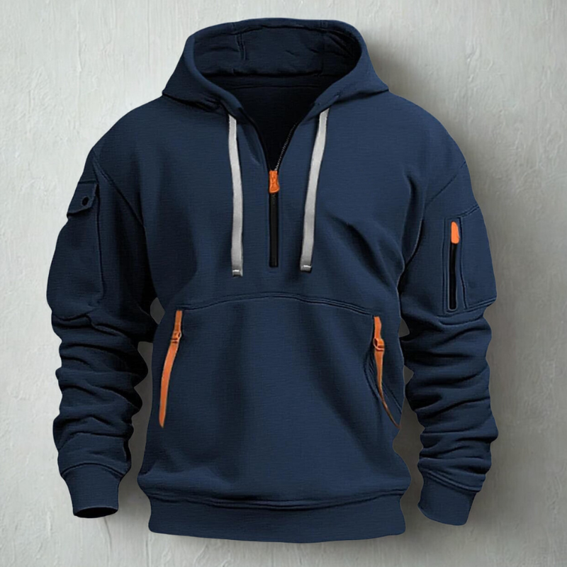 Men's knit quarter-zip hoodie with neon zip pockets, hooded relaxed fit in neutral tones