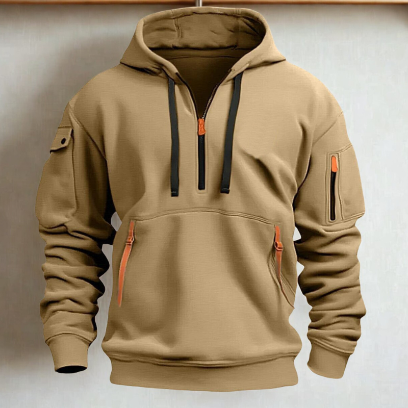 Men's knit quarter-zip hoodie with neon zip pockets, hooded relaxed fit, cotton blend casual layer
