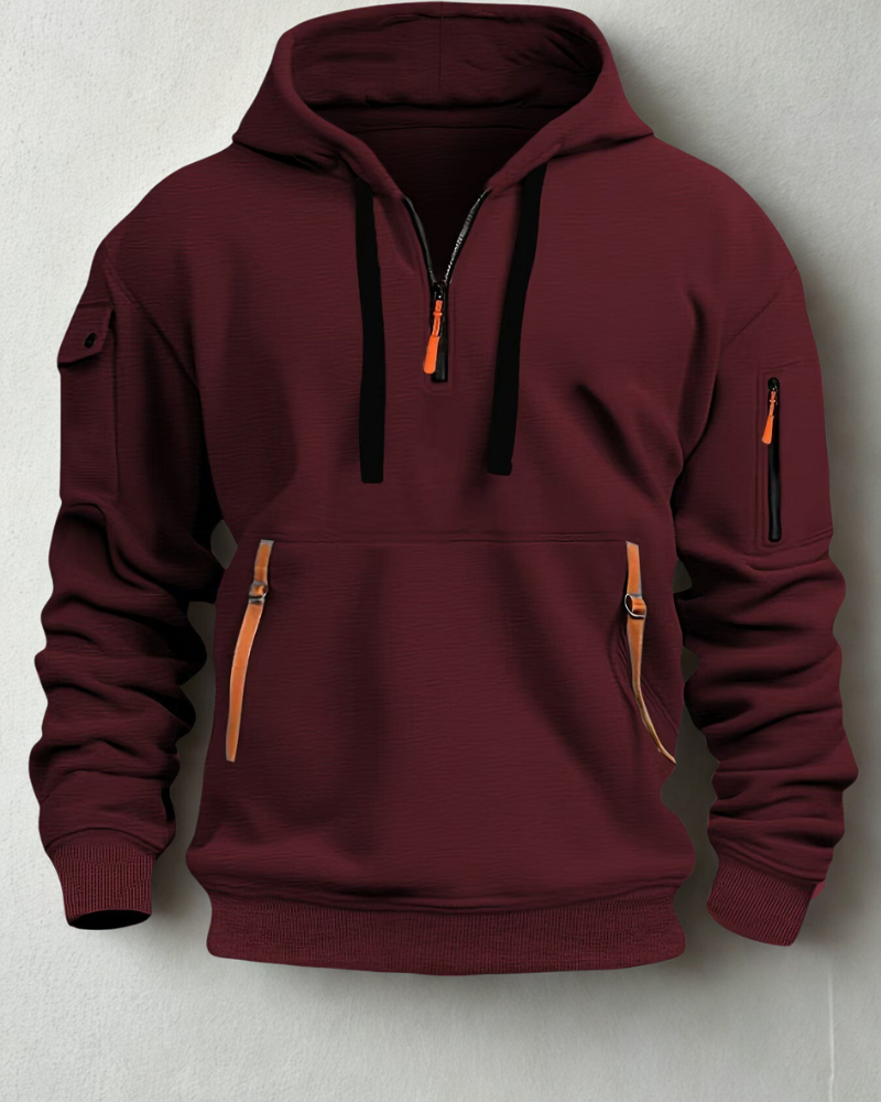 Men's knit quarter-zip hoodie with neon zip pockets, hooded design, multi-pocket casual pullover