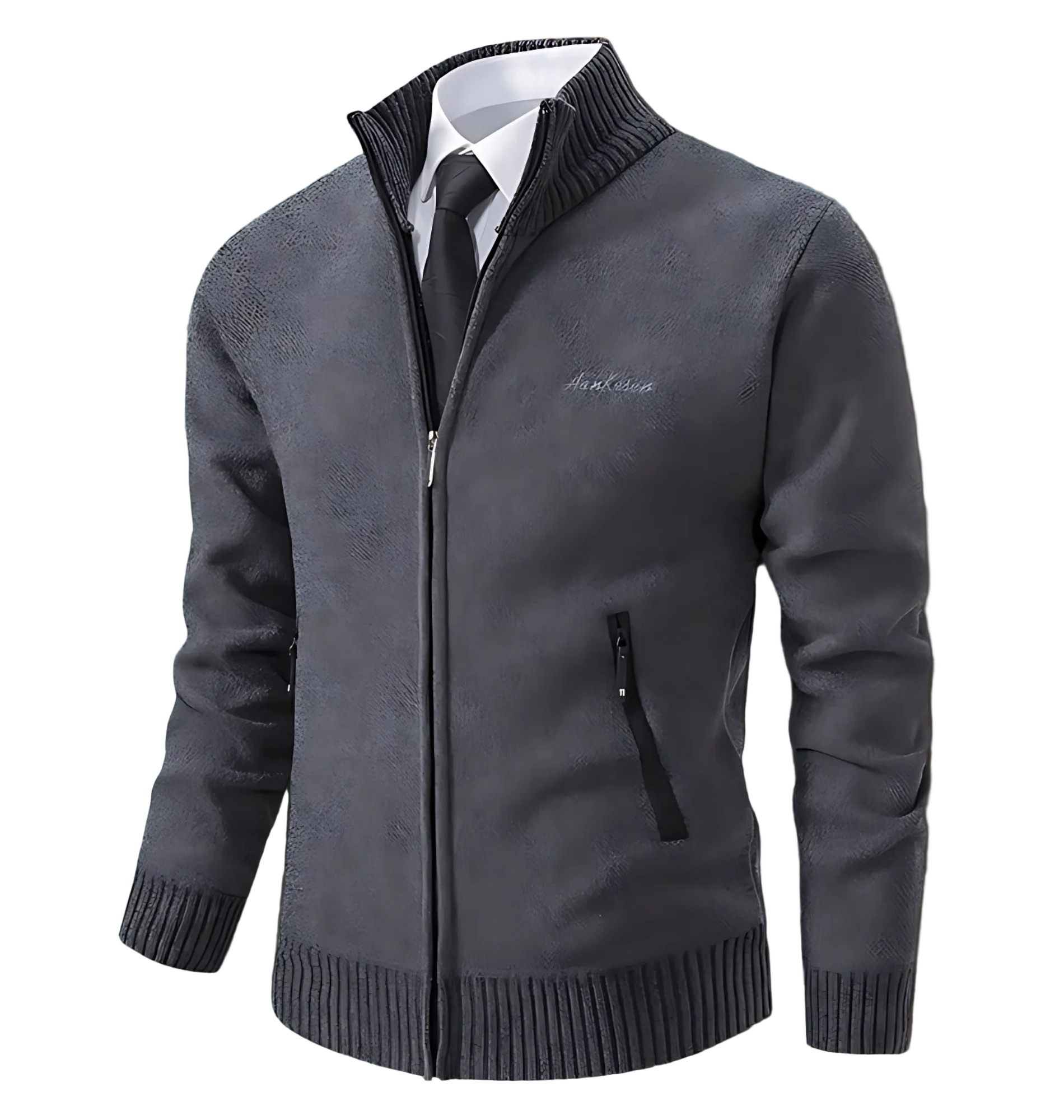 Men's slim fit knit cardigan with high stand collar and ribbed cuffs, smart casual style