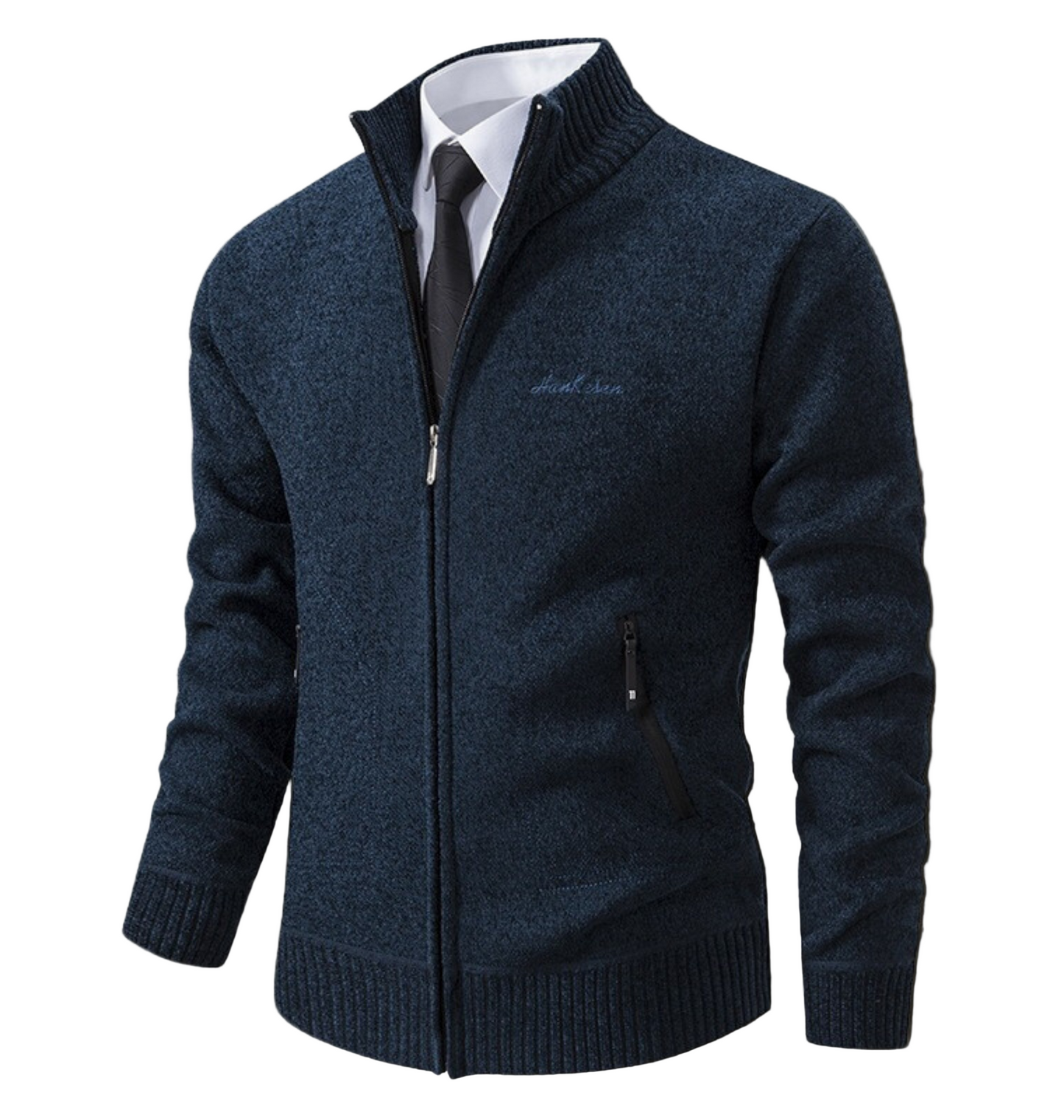 Men's slim fit knit cardigan with high stand collar and ribbed cuffs for smart casual style