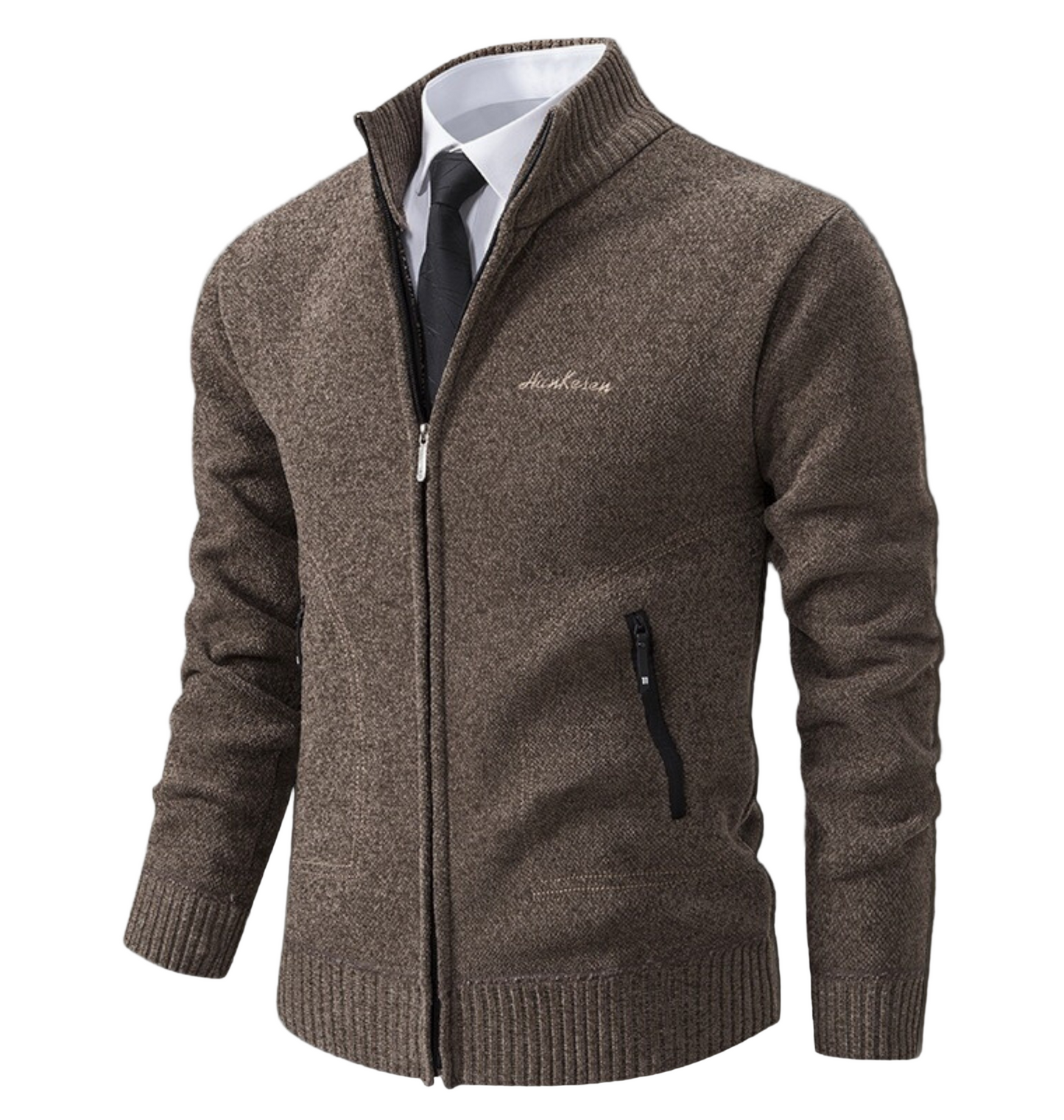Men's slim fit knit cardigan with high stand collar and ribbed cuffs for smart casual style