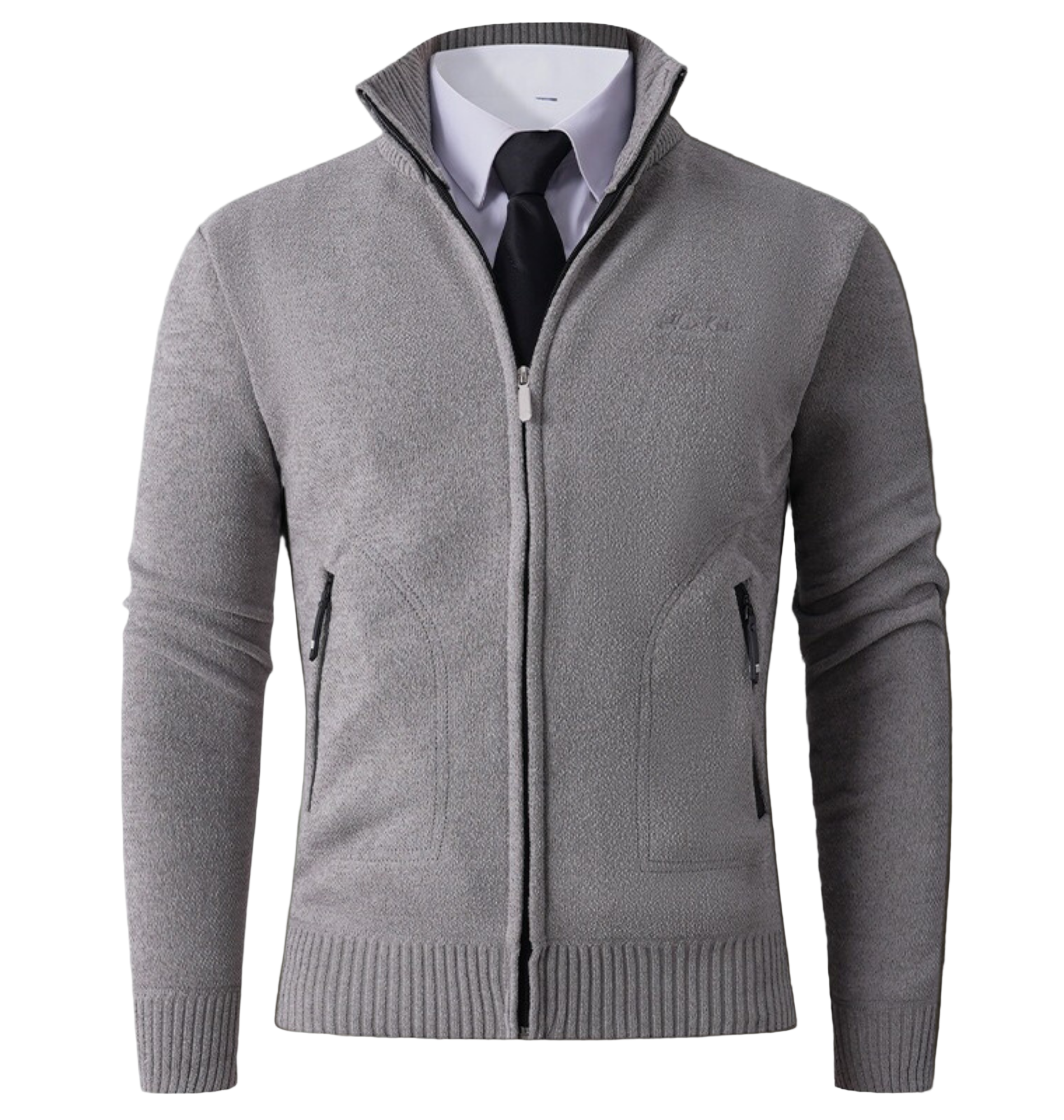 Men's slim fit knit cardigan with high stand collar and ribbed cuffs for smart casual style