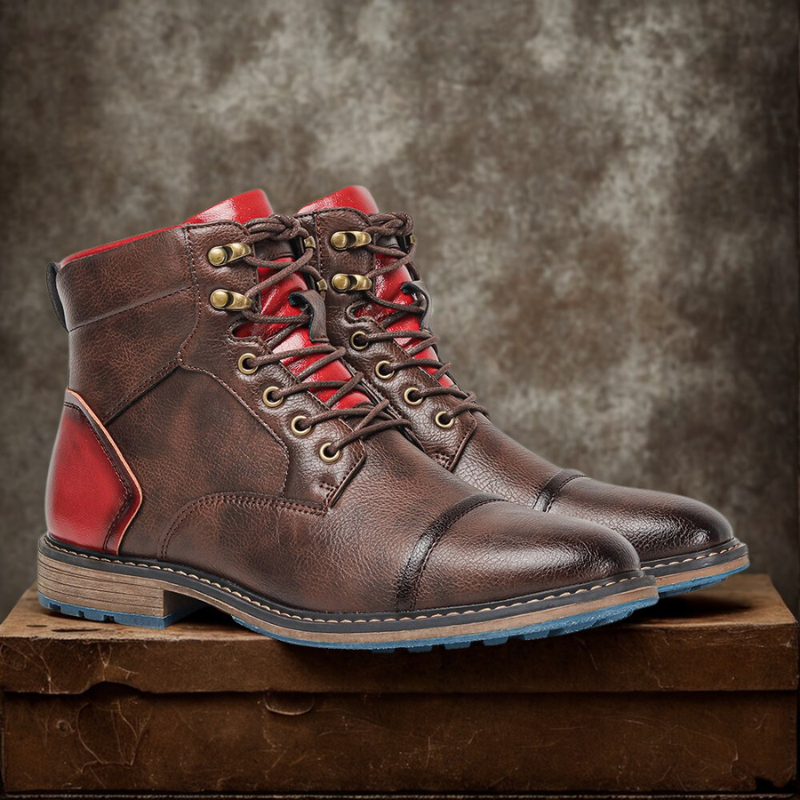 Men's brown PU leather high-top boots cap toe lace-up side zipper lug sole rugged outdoor style