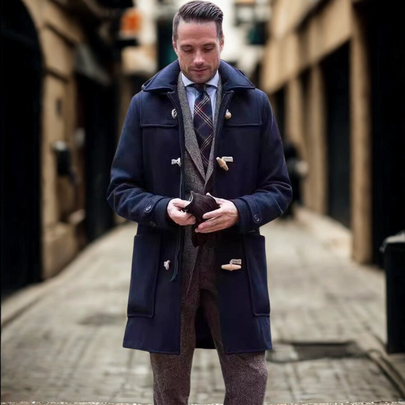 Men's wool blend hooded trench coat mid-length toggle closure structured silhouette Nordisk Flair outerwear