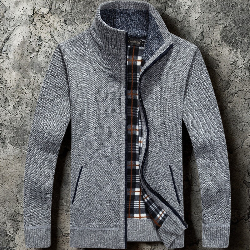 Men's relaxed fit textured knit cardigan with zip front stand collar and ribbed trim