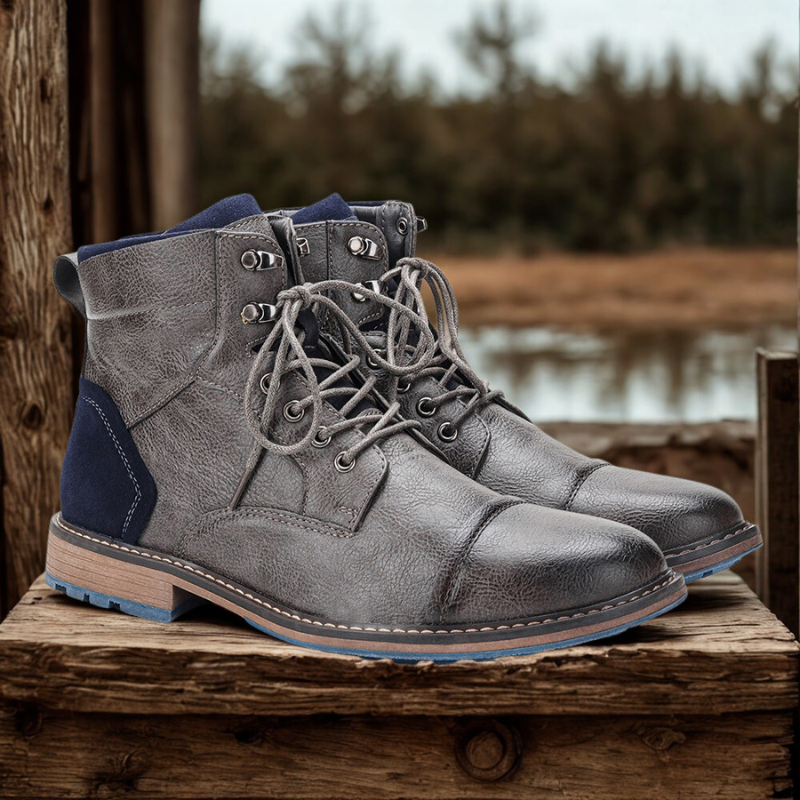 Men's brown PU leather high-top boots cap-toe lace-up side zipper lug sole rugged everyday style