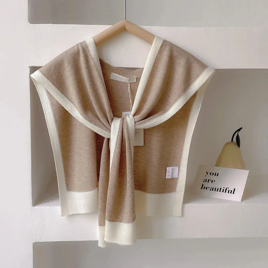 Mariam beige knit shawl with contrast trim, soft lightweight drape for casual or office layering