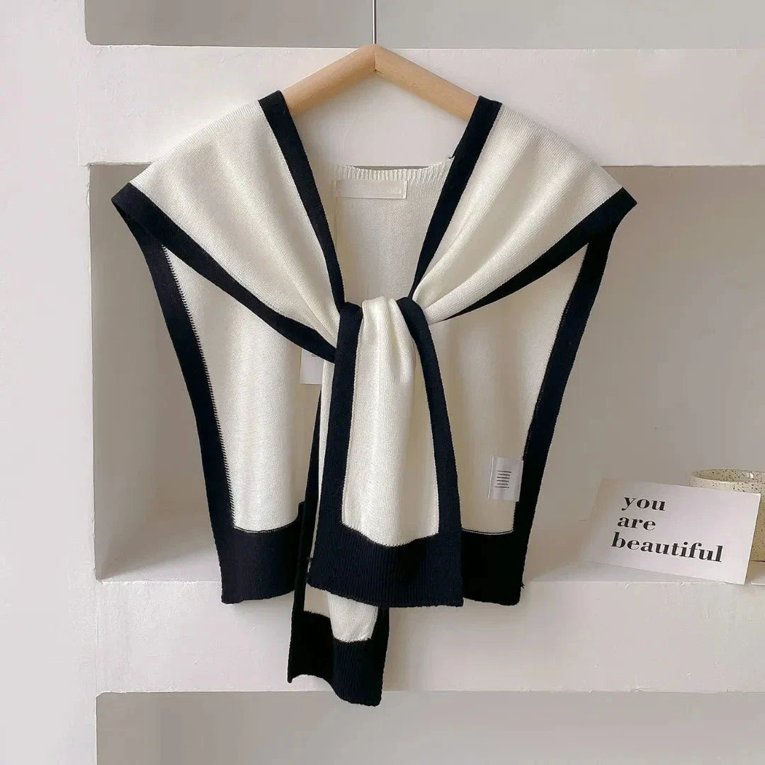 Mariam ivory knit shawl with contrast trim border, soft lightweight drape for casual or office layering