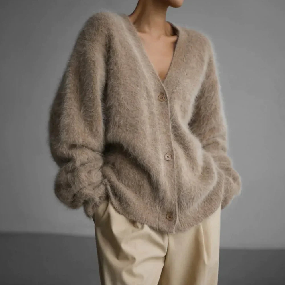 Marisol ivory cashmere blend cardigan, relaxed open-front silhouette with rib-trimmed cuffs
