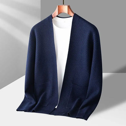 Oatmeal cashmere waffle-knit cardigan with open front relaxed silhouette and refined texture