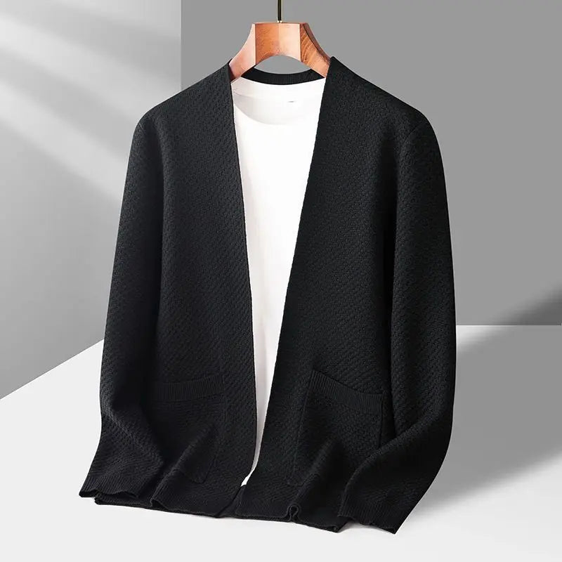 Ivory waffle-knit cashmere cardigan with open front and relaxed refined silhouette