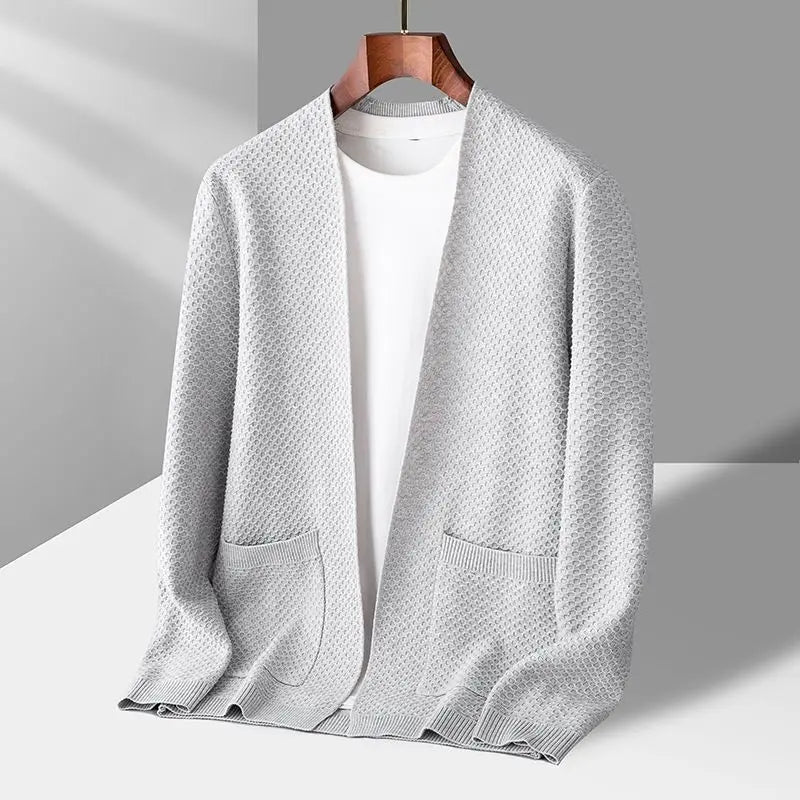 Ivory waffle-knit cashmere cardigan open-front relaxed fit with textured weave